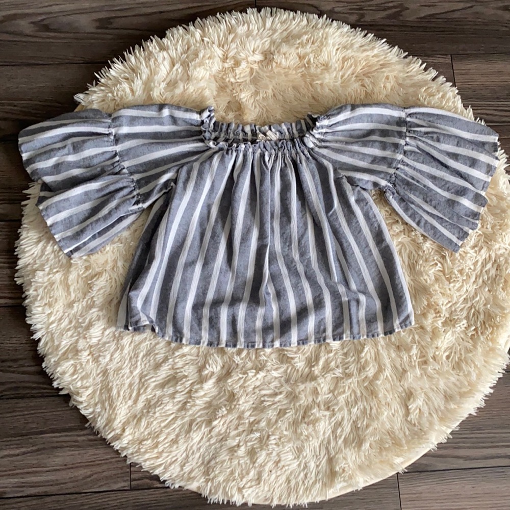 Striped off shoulder linen blend blouse